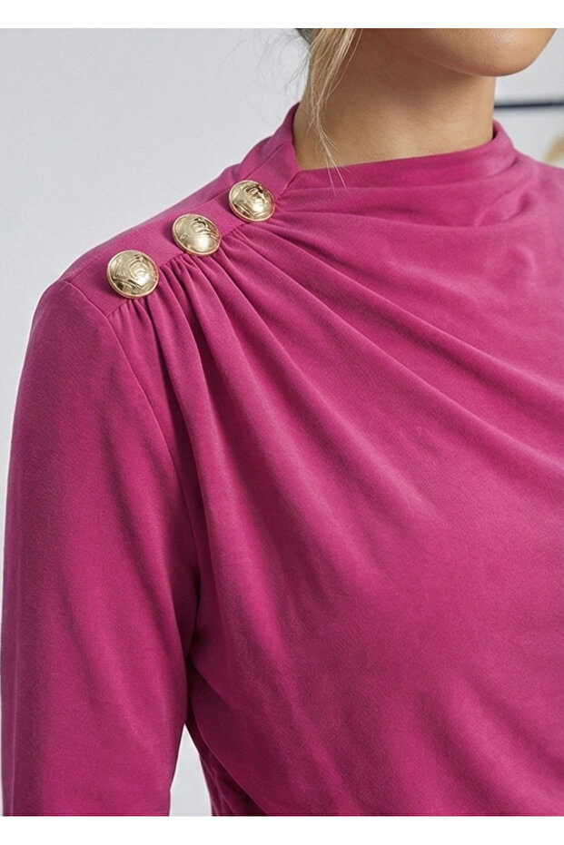 Women's Fuchsia Boat Neck Shoulder Buttoned Long Sleeve Sandy Fabric Blouse