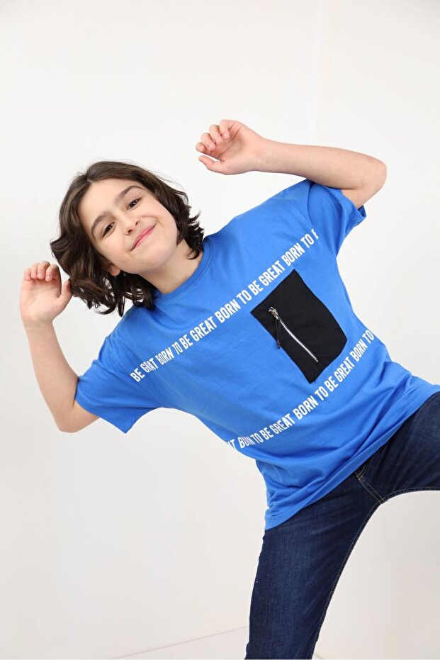 Boy's Printed Crew Neck Short Sleeve Zippered T-Shirt