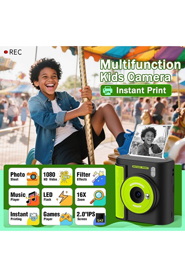 Instant Print Camera for Kids - Dual Lens 1080P, 32GB, Black & Green