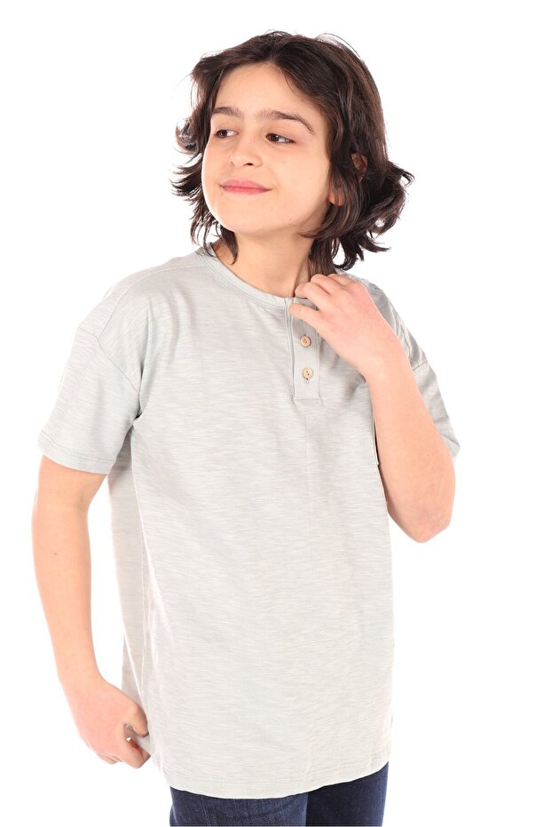 Boy's Printed Crew Neck Buttoned Single Pocket Short Sleeve T-Shirt