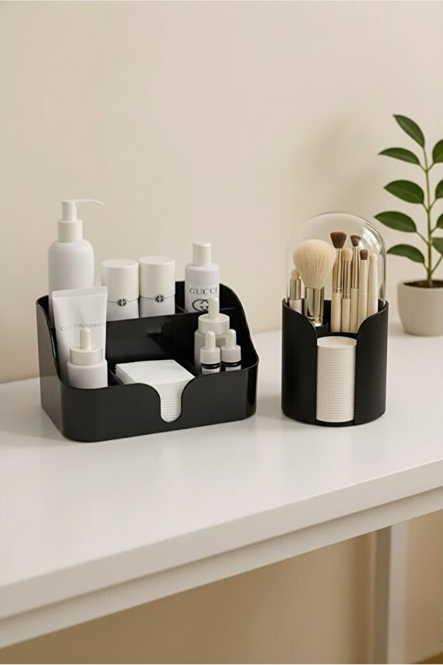 Olivia Black Set of 2 Makeup Brushes and Organizer with Cotton Bowl