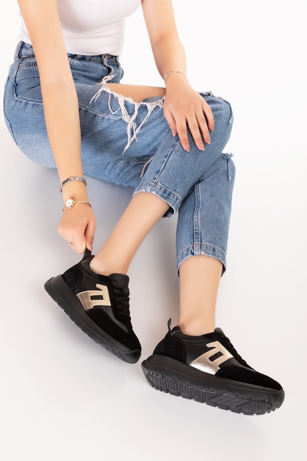 Inside and Outside Genuine Leather Anatomical Sole Lightweight Sports Shoes Ars.509 Black