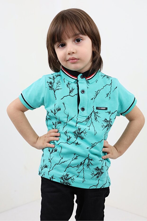 Boy's Printed Polo Neck Buttoned Short Sleeve T-Shirt