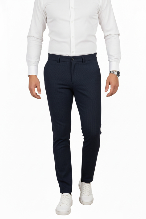 Navy Blue Slim Fit Elastic Waist Striped Textured Stretch Fabric Men's Trousers – Stylish & Comfortable Design 260070