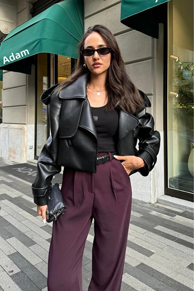 سترة جلدية سوداء كبيرة الحجم - 5