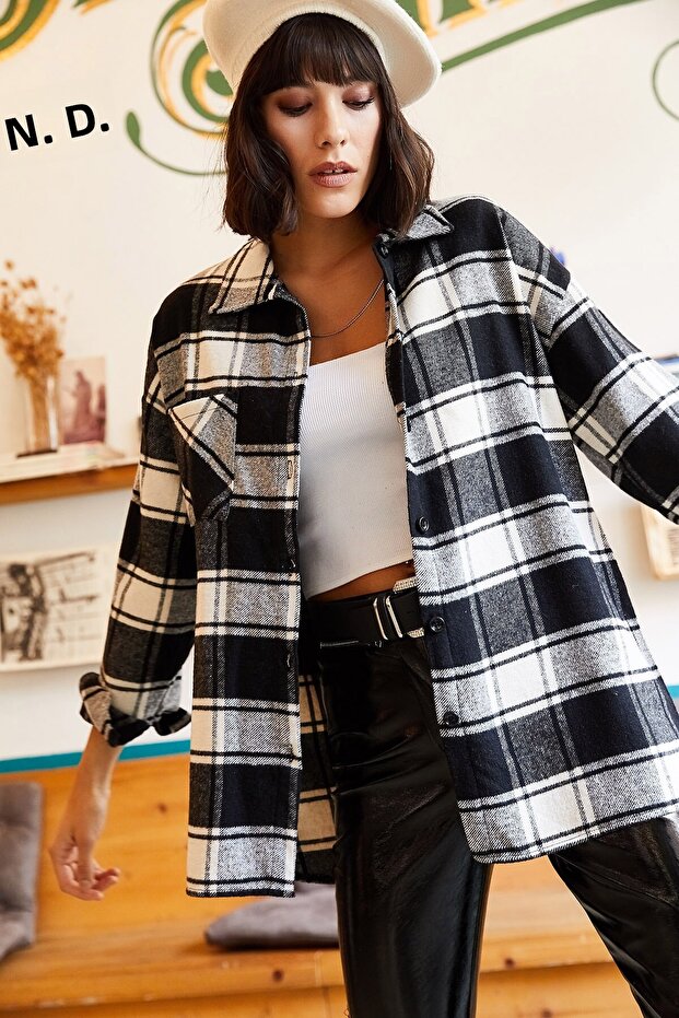 Damska czarno-biała koszula drwala w grubą kratę z pojedynczą kieszenią GML-19000736 - 1