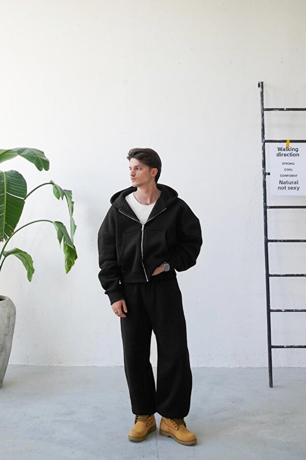 Hanorac oversize cu fermoar complet BLACK Cozy Basic - 1