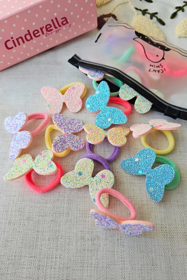 10-Piece Bag Soft Non-Hurting Towel Elastic Glittery Butterfly Baby Girl Baby Rubber Hair Clip Set