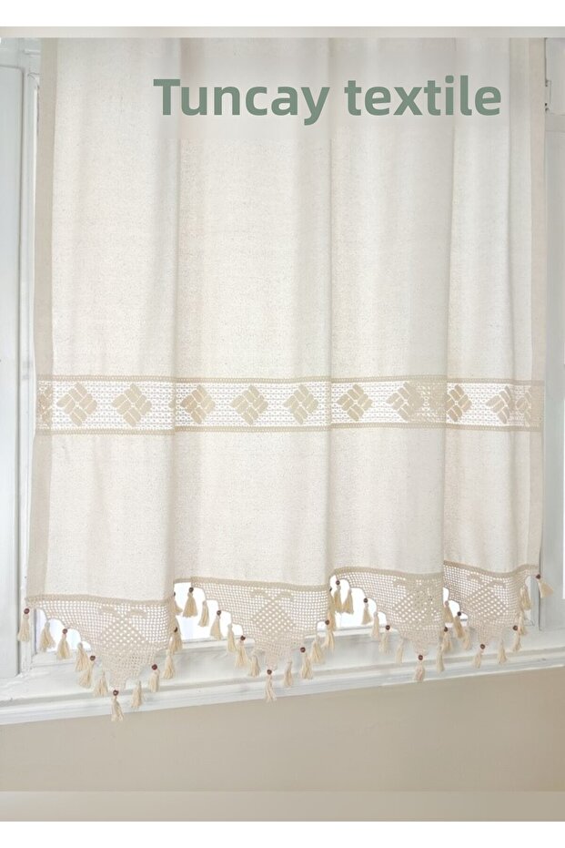 Buldan Work Authentic Handcrafted Lace Curtain 100% Cotton Natural Linen Sunshade Curtain