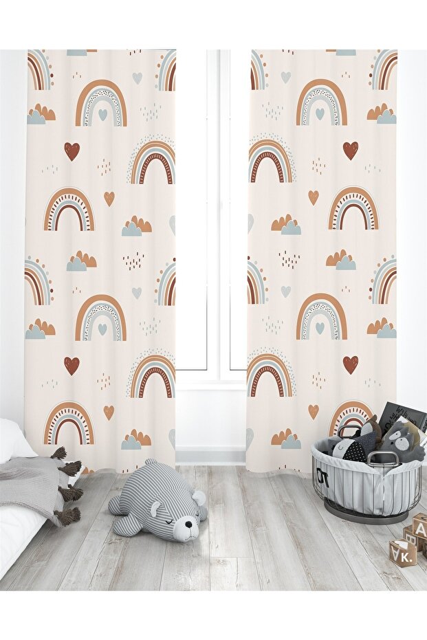 Cream Heart and Rainbow Patterned Children's Room Curtain (Single Panel Pricing)