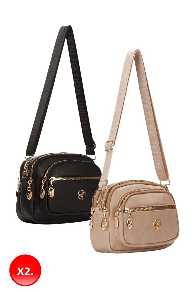 Női keresztpántos napi fekete és nerc válltáska 2 db - 1