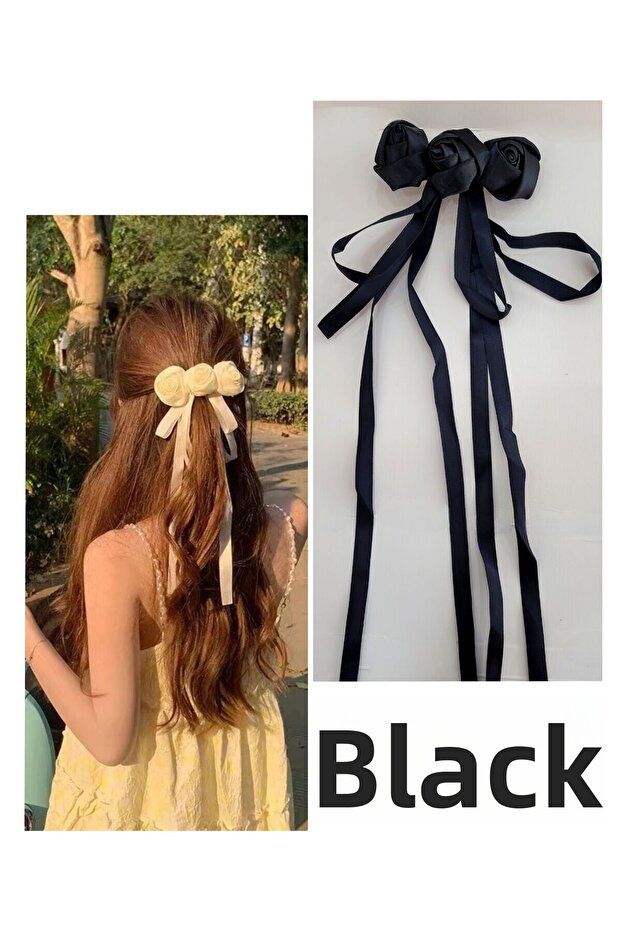 Black Satin Rose Ribbon Dangle Metal Automatic Hair Clip Glş-283