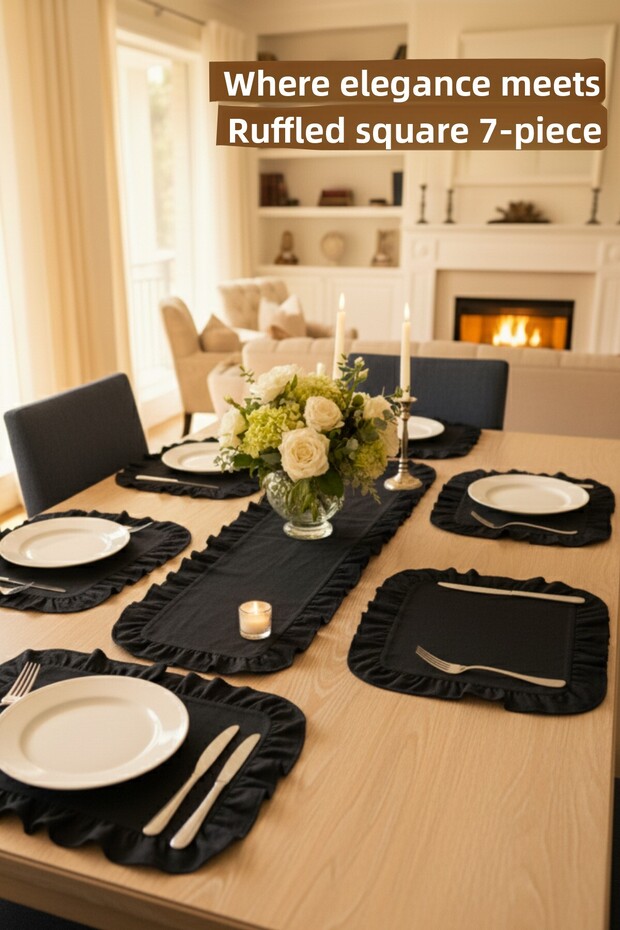 Ruffled Linen Table Runner & 6-Piece Ruffled Square Placemat Set - 7-Piece Dowry Set