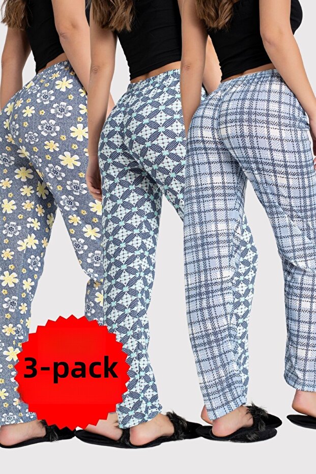 Balenie 3 kusov bavlnenej tenkej priedušnej látky so stuhou v páse s detailnou potlačou, dámske pyžamové spodky bez vrecka - 8