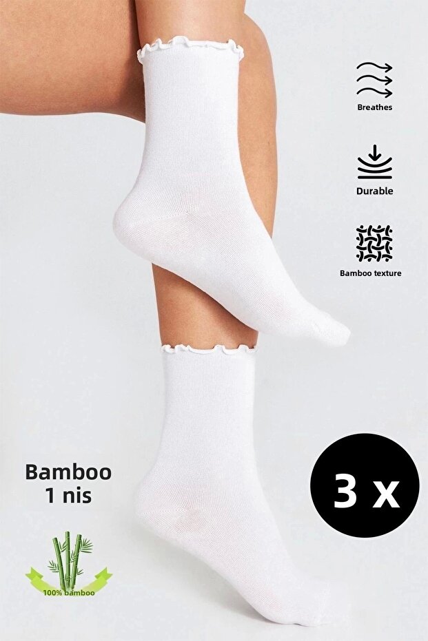 Bamboo Women's White Ruffled Elastic Seamless Women's Socks 3-Piece White Socks/Non-Marking/Non-Tightening Socks