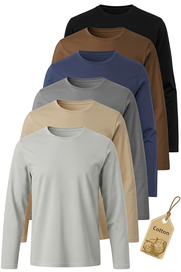 Children's Long Sleeve Tshirt - Girls Boys Kids Set of 6 Plain Basic Transitional Long Sleeve T-Shirt Badi - Set 2