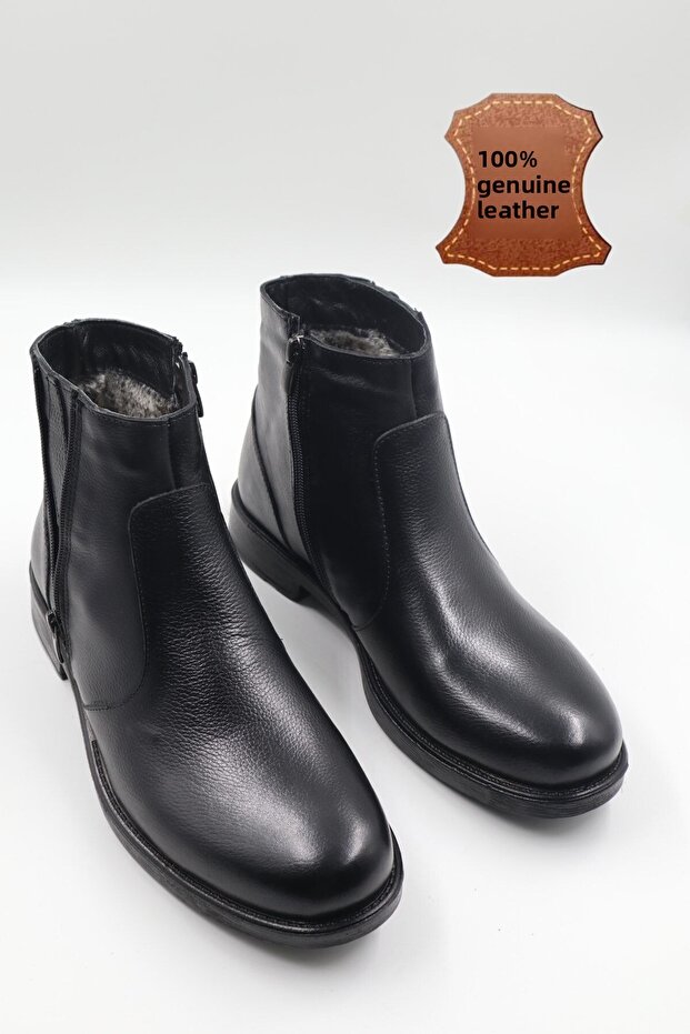 Men's Genuine Leather Cold-Resistant Fur-Trimmed Non-Slip Sole Zip-Up Black Casual Boots