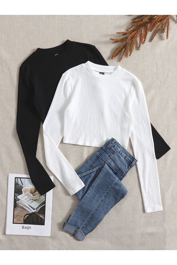 Women's 2 Piece Corded 100% COTTON Crew Neck Knitted Camisole Long Sleeve Crop Blouse