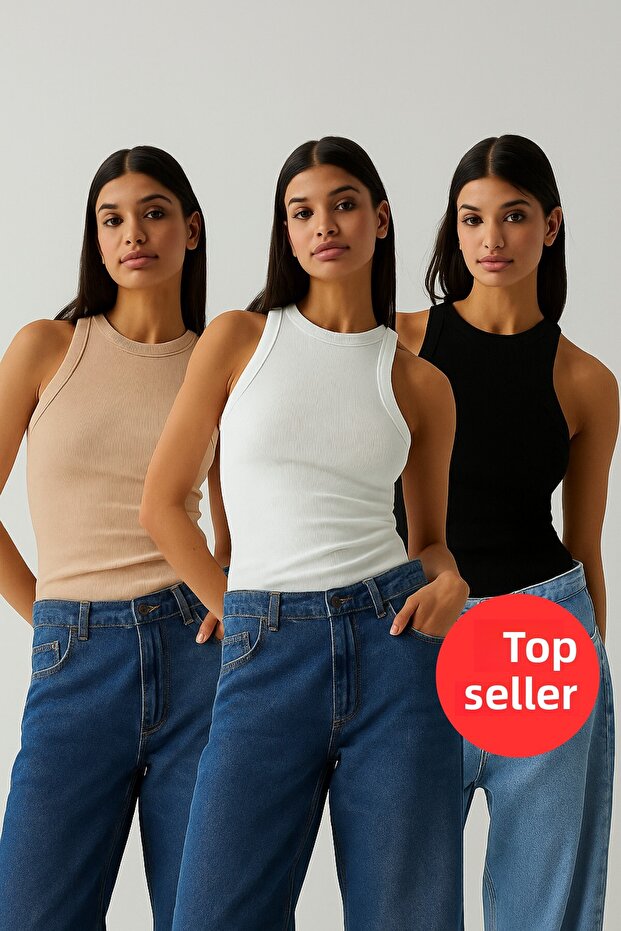 3-Piece Halter Neck Tank Top Set (White, Black, Camel)