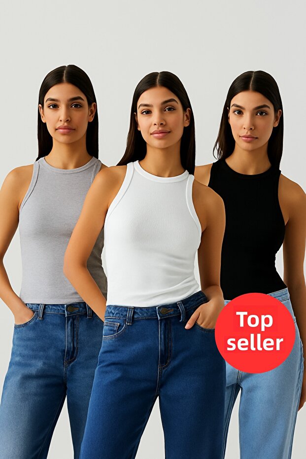 3-Piece Halter Collar Tank Top Set (White, Black, Gray)