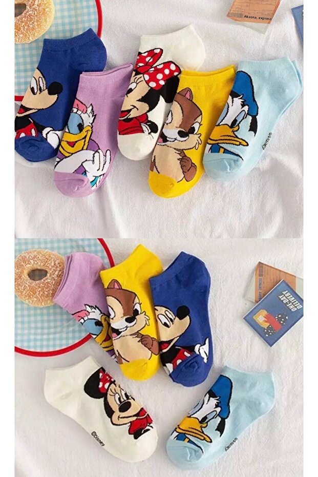 5 pár női aranyos többszínű mosható rajzfilm mintás cipzár bokazokni - 3