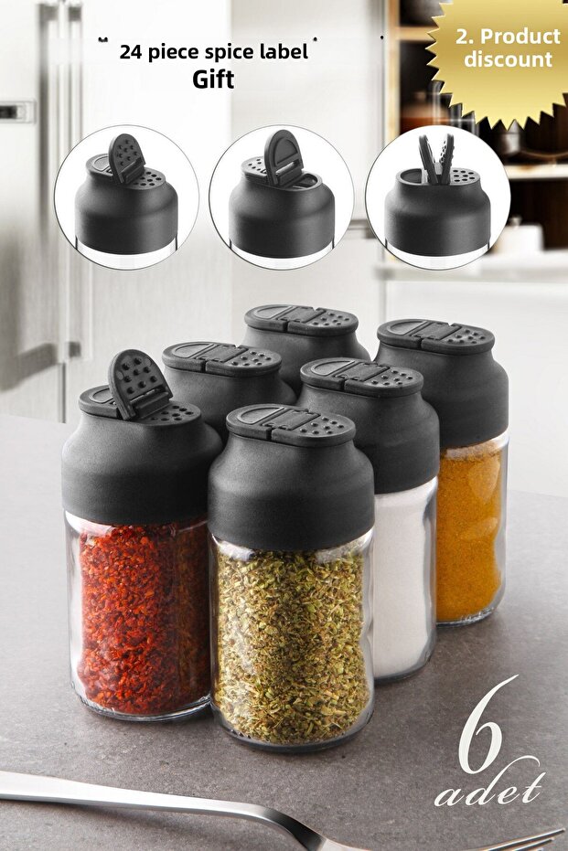 6-Piece Mini Twice Glass Spice Set with Double Lids - Salt and Pepper Shakers