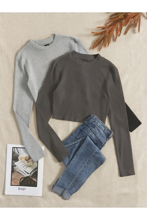 Women's 2-Piece Ribbed Crew Neck Knitted Camisole Long Sleeve Crop Blouse