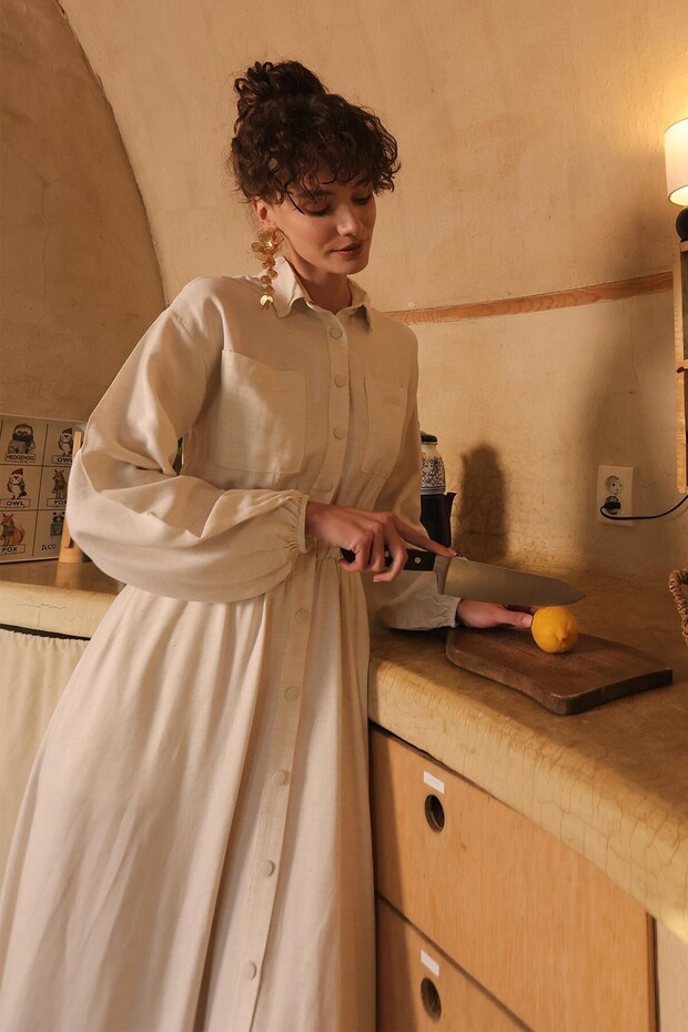 BÉŽOVÉ Lněné šaty - Sukně a elastický pas 9287-E - 7