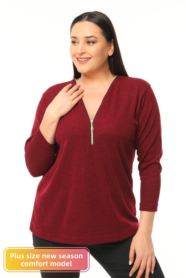 Large Size Zippered Collar Comfort Model New Season Soft Textured V-Neck Stylish Daily Knitwear Sweater