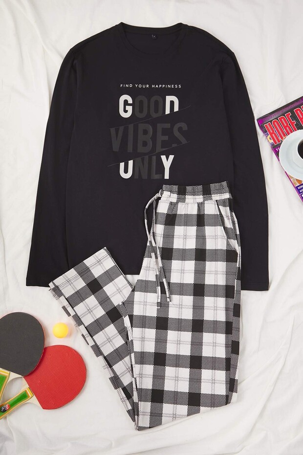 Black Regular Plaid Printed Knitted Pajamas Set Tmnaw24Pt00023