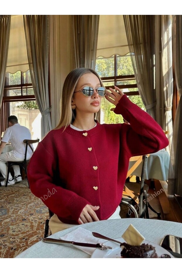 Extra Soft Burgundy Knitwear Cardigan with Heart Button Detail, Women's Cardigan