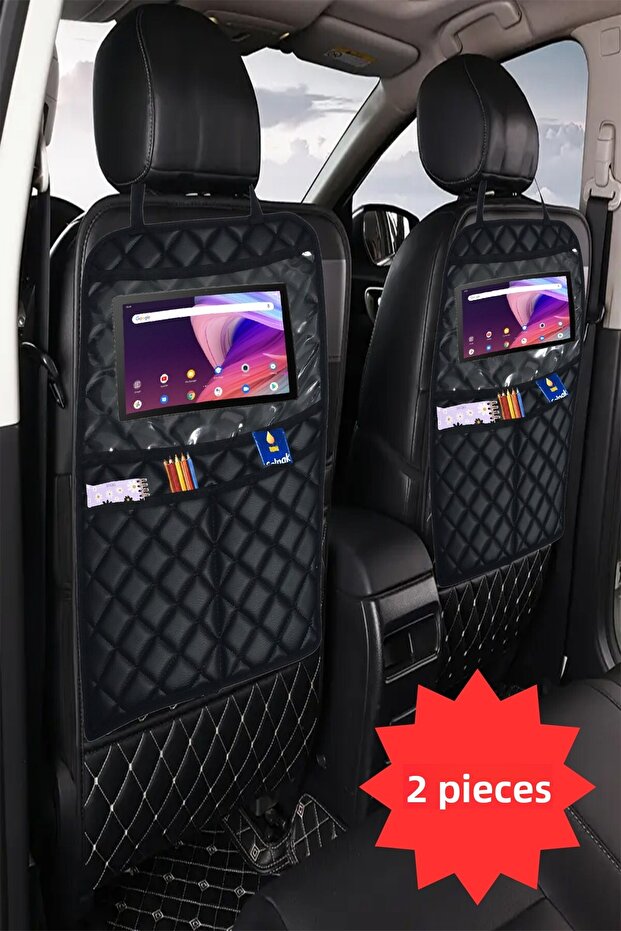 2 Pieces Black Leather Quilted Car Seat Back Organizer Tablet Holder Organizer iPad Tablet Holder