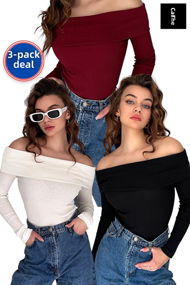 Pack of 3 Madonna Collar Corded Fabric Ribbed Knit Blouse Long Sleeve Flexible Basic Top