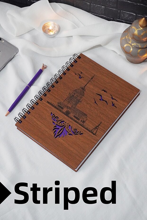 دفتر ملاحظات بغطاء خشبي على شكل برج العذراء - دفتر ملاحظات مخطط - جدول أعمال - دفتر ملاحظات مدرسي (A5 - 120 ورقة)