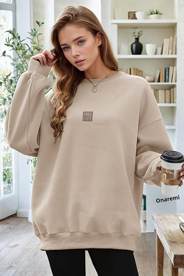 Women's Stone Free Life Printed Thick Soft 3 Thread Raised 0 Null Collar Oversize Loose Sweatshirt