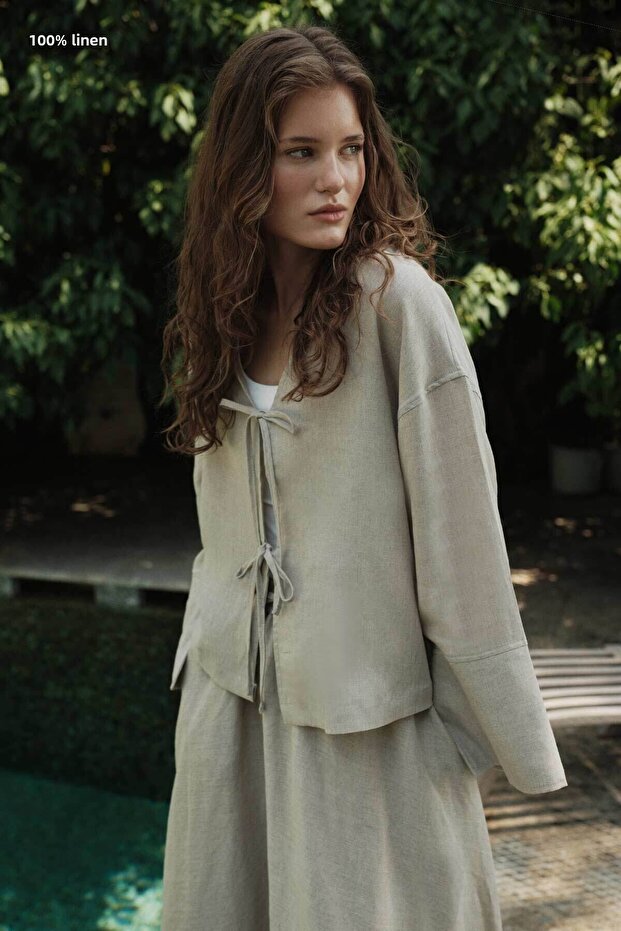 100% Linen Lace-Up Flowing Stone Kimono