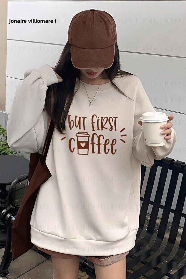Women's White but First Coffee Printed 0 Zero Neck Oversize Loose Fit Fleece Swe