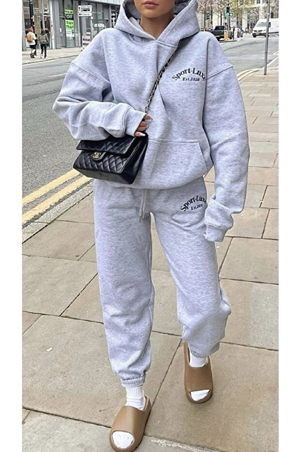 Sport Luxe Printed Oversize Women'S/Men's Unisex Winter 3 Thread Grey-Black Tracksuit Set