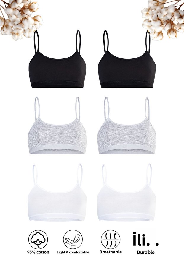 Özkan 42324 6-Pack Girls' Cotton Mixed Color Single Jersey Non-Padded Training Bra Flexible Comfortable in