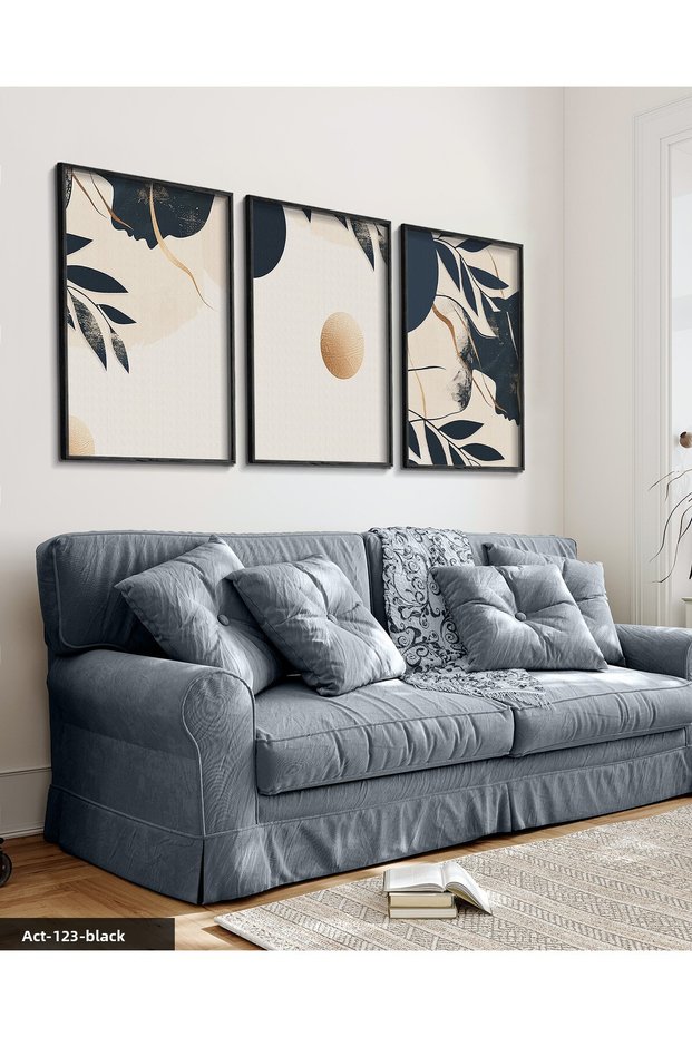 Gold Detailed Moon and Female Silhouette 3 Piece Black Wooden Framed Painting Act