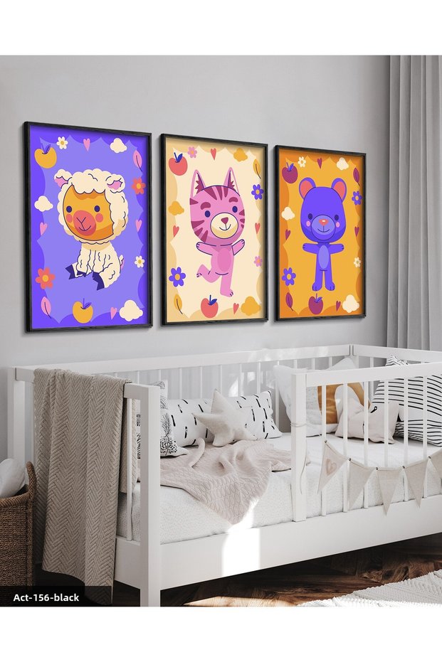 Animal Themed Children's Room 3 Piece Black Wooden Framed Painting Act