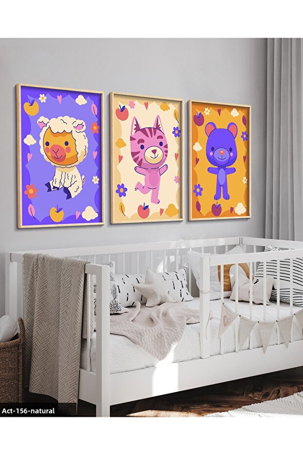 Animal Themed Children's Room 3 Piece Wooden Framed Painting Act
