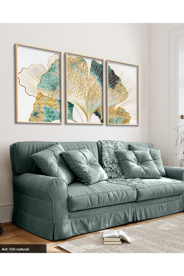 Green and Gold Detailed Set 3 Piece Wooden Framed Painting Act