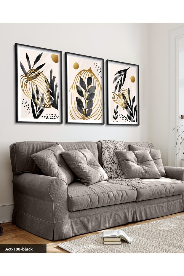 Boho Style Watercolor Look Black Leaf 3 Piece Black Wooden Framed Painting Act