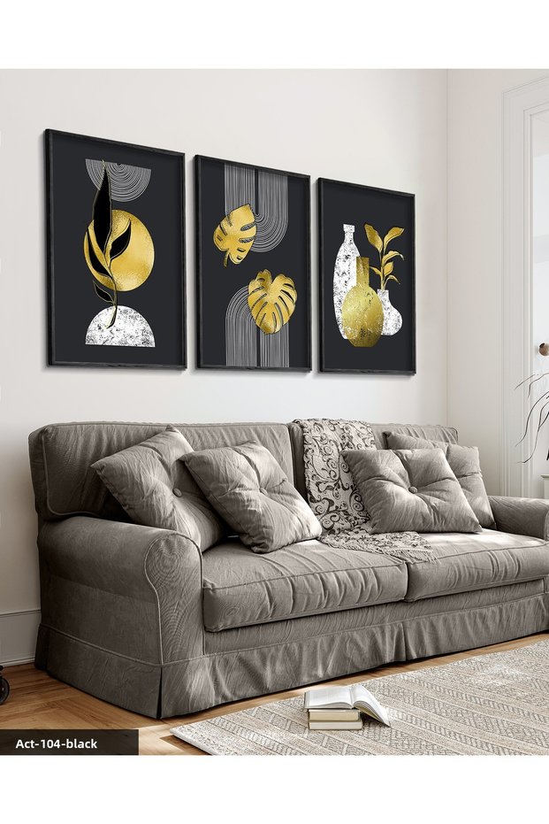 Boho Style Gold Detailed Leaf 3 Piece Black Wooden Framed Painting Act