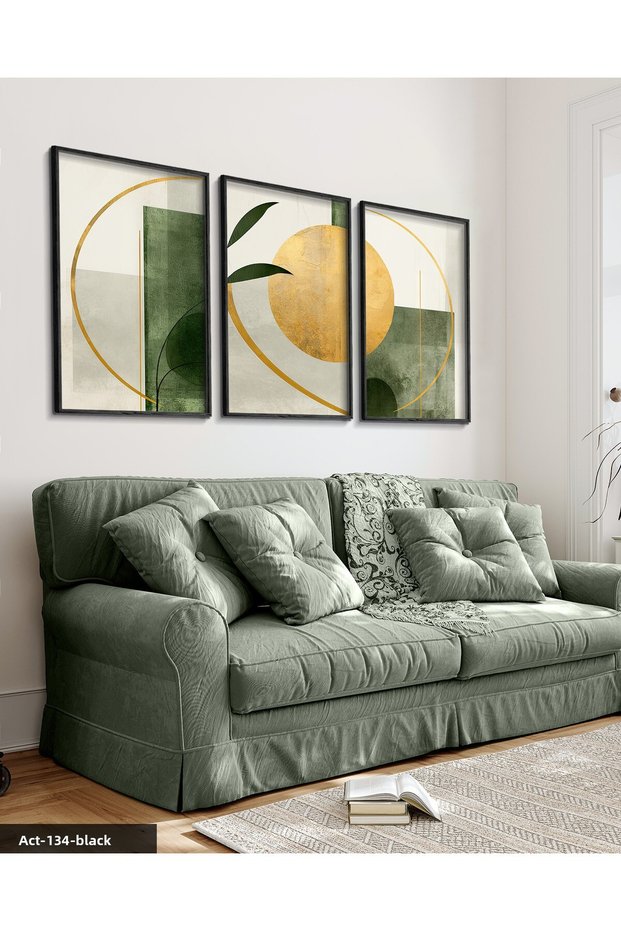 Gold and Green Abstract Art 3 Piece Black Wooden Framed Painting Act