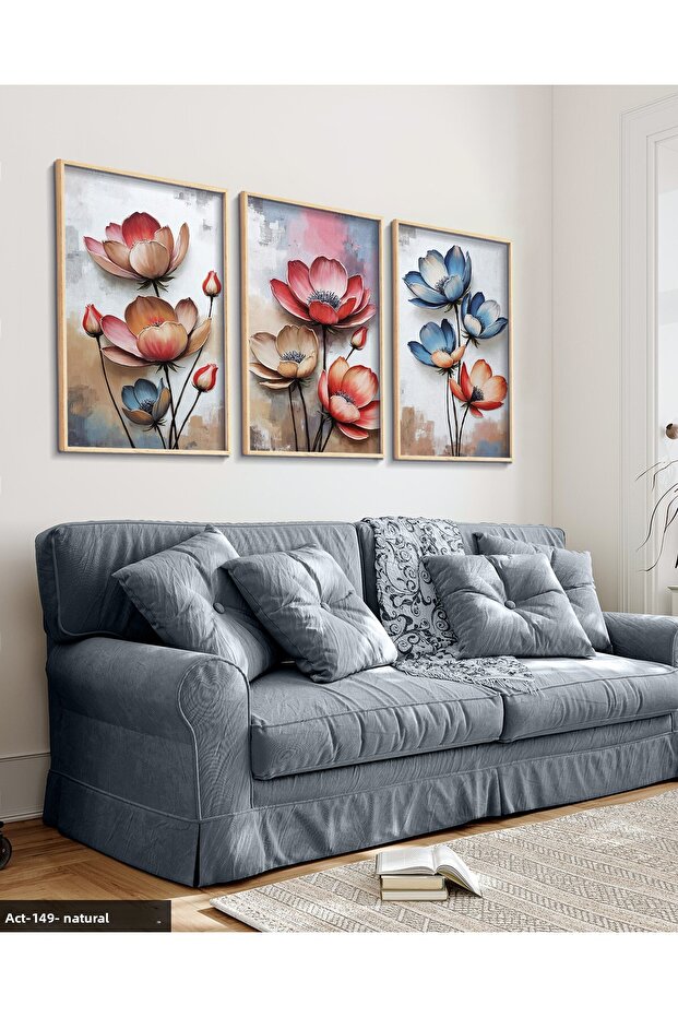 Red and Blue Flowers 3 Piece Wooden Framed Painting Act