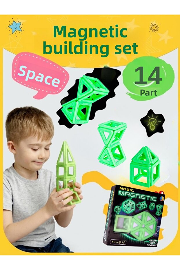 Glow-In-The-Dark Phosphorescent Magnetic Building Blocks - 14 Pieces Magnetic Educational Brain Teaser Set