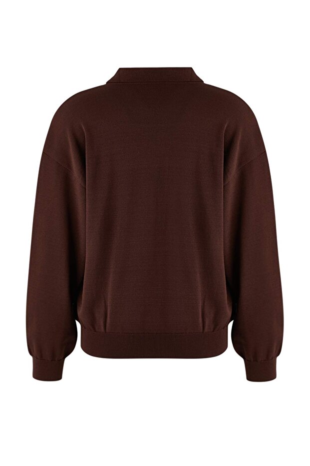 Wardrobe Essentials Kahverengi Merserize Görünümlü Polo Yaka Triko Kazak TBBAW26AN00057 - 6