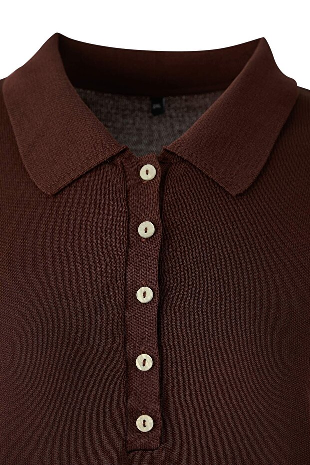 Wardrobe Essentials Kahverengi Merserize Görünümlü Polo Yaka Triko Kazak TBBAW26AN00057 - 5